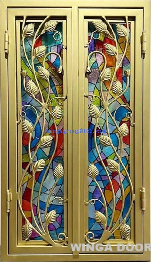 Unique Iron Flower Golden Color Front Entry Exterior Handmade Wrought Iron Double Door