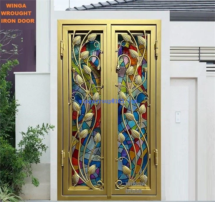 Unique Iron Flower Golden Color Front Entry Exterior Handmade Wrought Iron Double Door